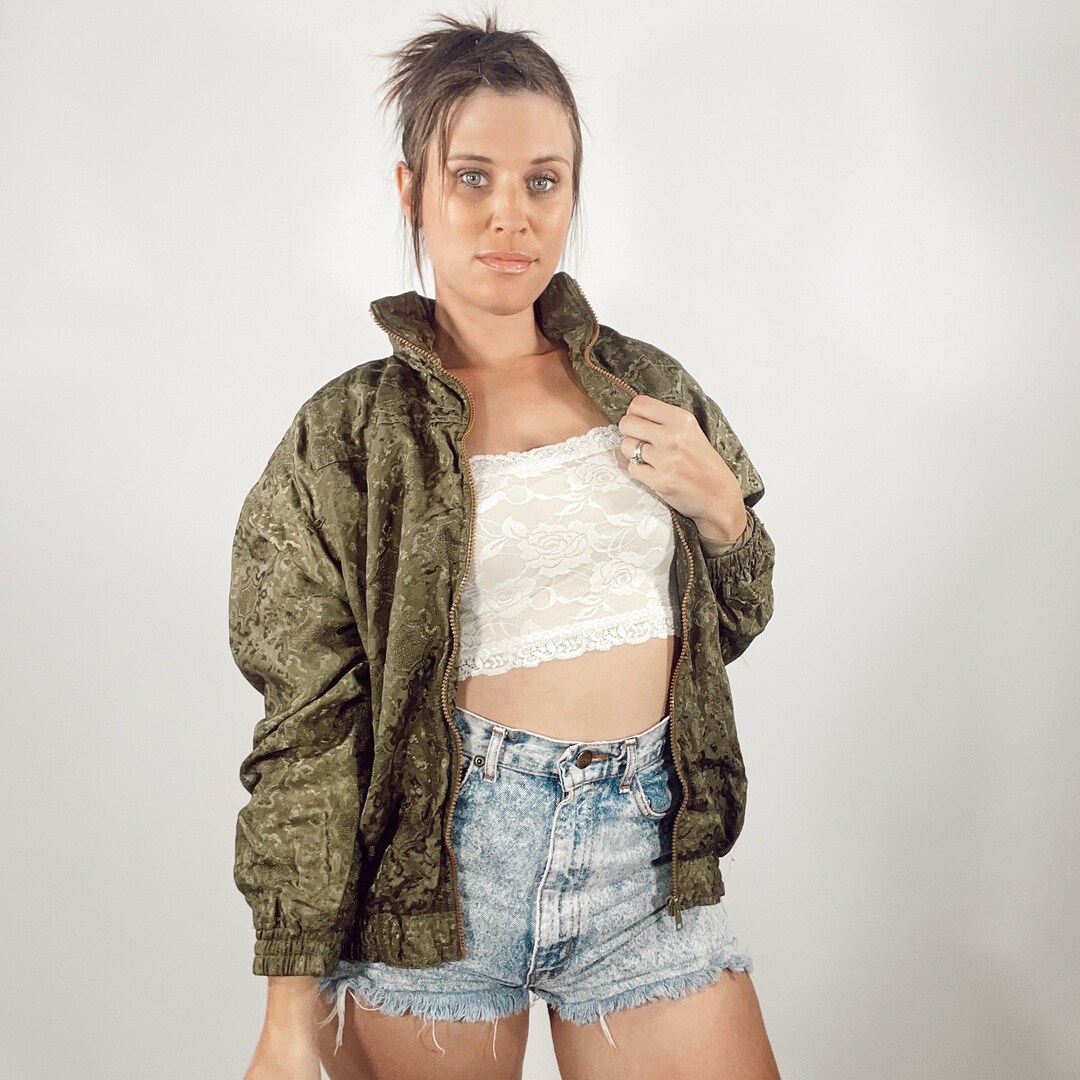 Vintage 80s 90s Green Red ARGEE Sports Floral Patterned Shell Bomber Jacket