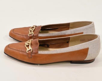 Vintage 60s Brown Leather & Beige Linen Loafers, Gold Chain Buckle, Librarian Core Academia Slip On Shoes