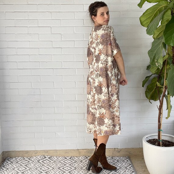 Vintage 60s 70s Dress Brown Floral Midi Tent Dress - image 3