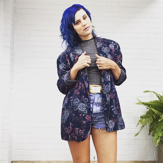 Vintage 90s Floral Blazer Denim Jacket Oversized B