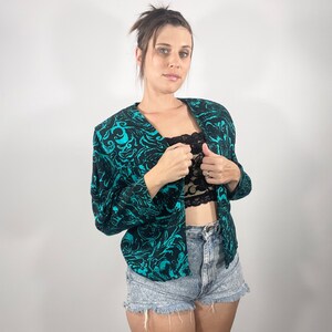 80s Vintage Jacket Teal Paisley Boxy-Fit Shoulder Pad Blazer
