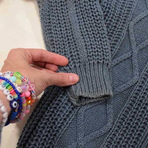 Vintage 80s 90s Sweater Blue Chunky Knit Cable Knit Button-up
