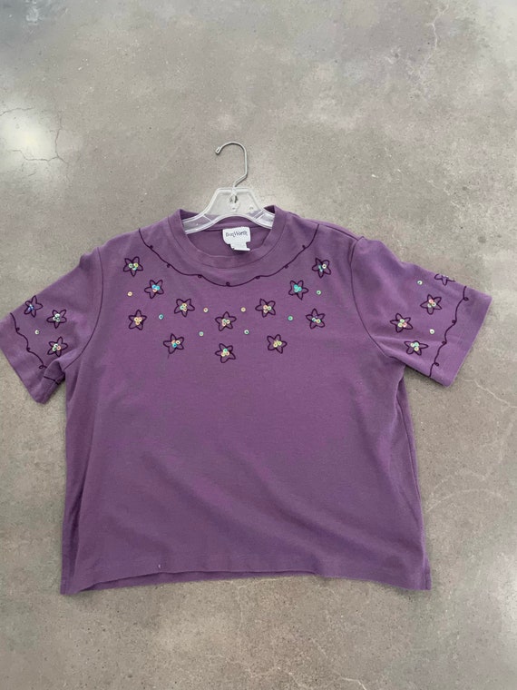 Vintage 90s T Shirt Purple Embroidered Floral Top Sequin - Etsy