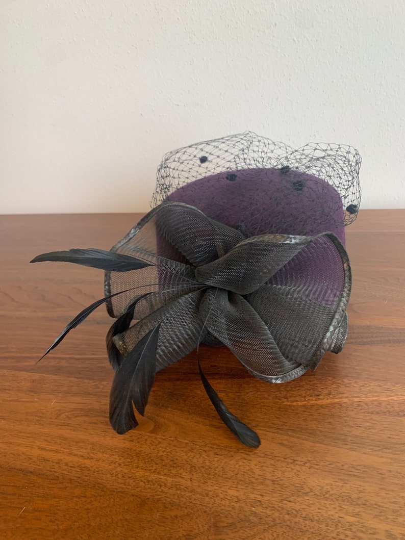 60s Vintage Pillbox Hat Purple Felt Feather Fascinator Etsy