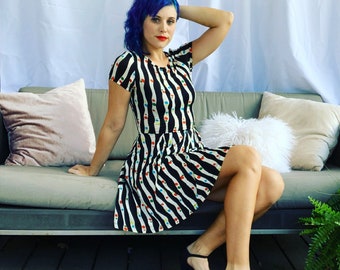 Vintage 90s Stretch Knit Skater Dress, Y2K Striped Polka Dot Mini, Kindercore Grunge Party Dress