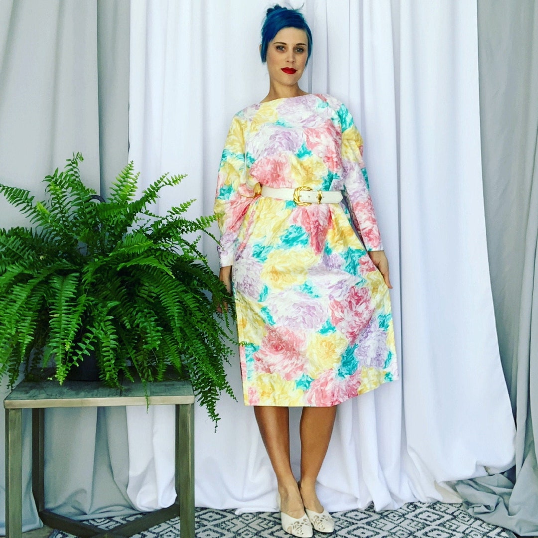 Vintage 80s Floral Pastel Midi House Dress | Dolman Sleeve Cotton