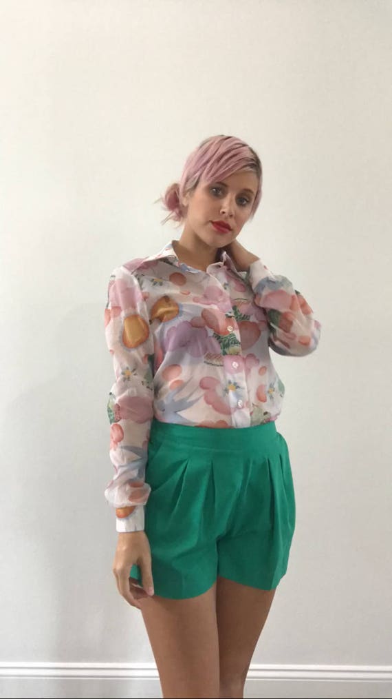 Vintage 70s Top Sheer Psychedelic Print Button Up