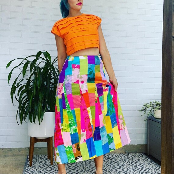 50s Skirt Patchwork Silk Midi Skirt High Waisted S