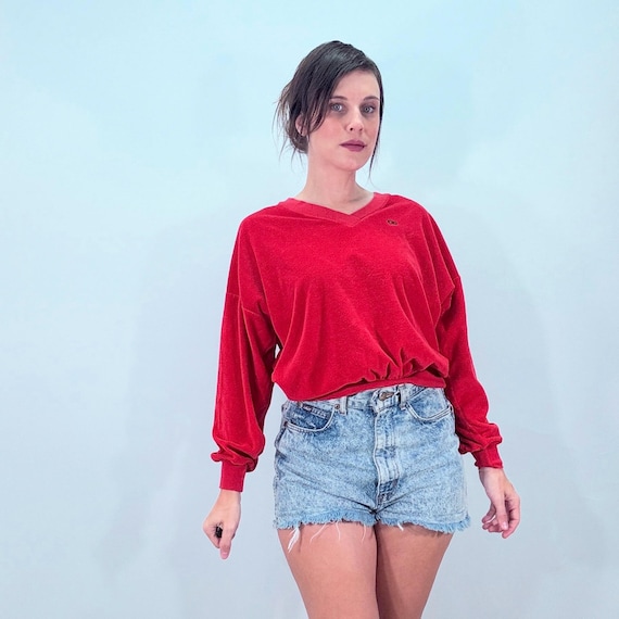 Oscar de la Renta, Vintage 80s Oscar de la Renta Soft Chenille Knit Sweater - Red Sporty Retro Sweatshirt - Slouchy Preppy Country Club V-Neck