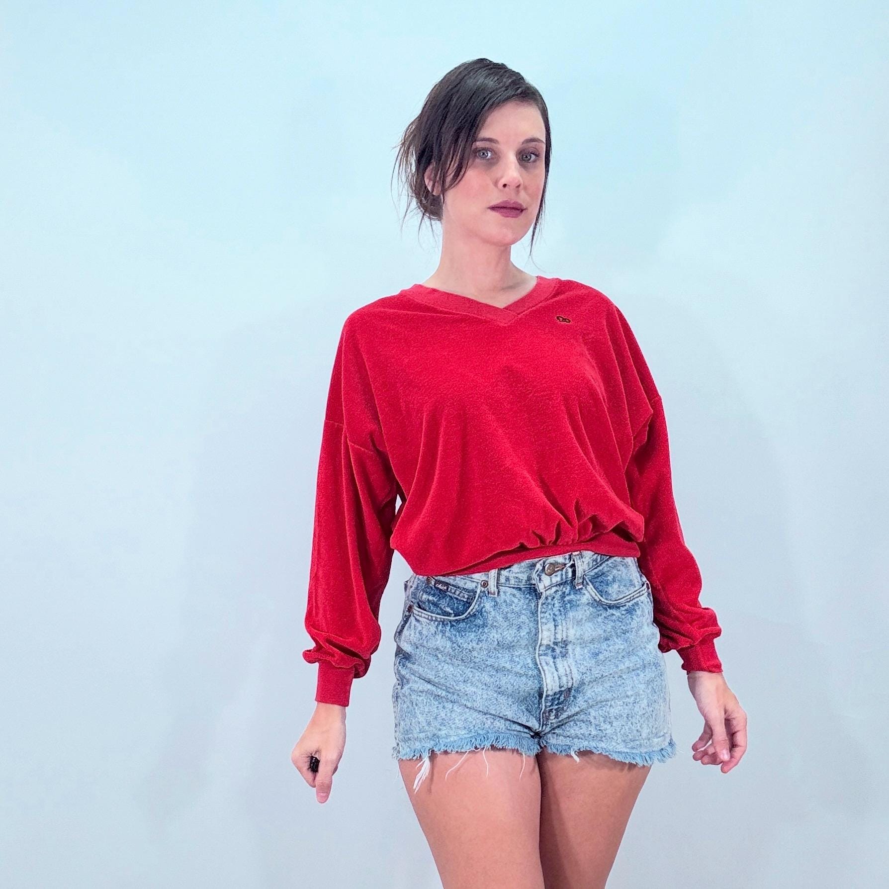 Oscar de la Renta, Vintage 80s Oscar de la Renta Soft Chenille Knit Sweater - Red Sporty Retro Sweatshirt - Slouchy Preppy Country Club V-Neck