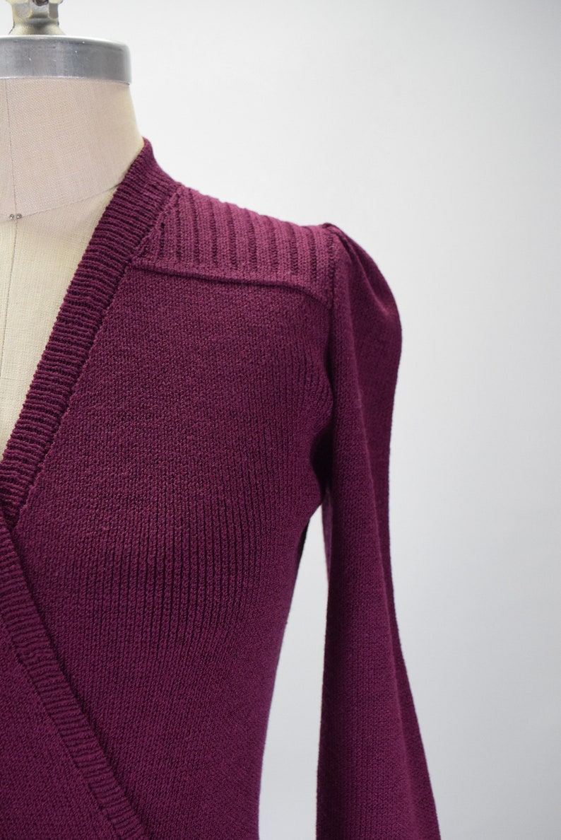 St John Vintage 70s Sweater Dress Magenta Wool Knit Long Sleeve Wrap image 2