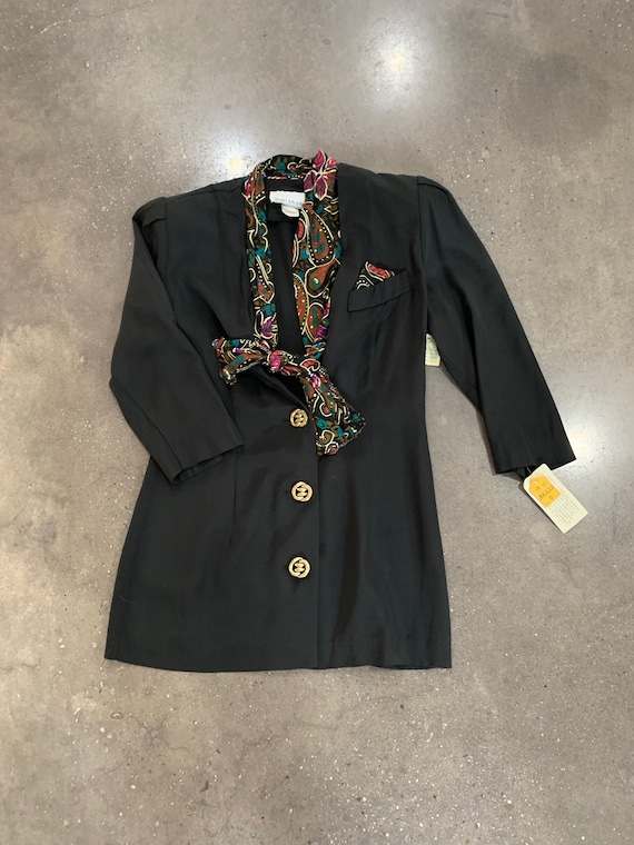 Vintage 90s Black Pussy Bow 80s Blazer Jacket + S… - image 2