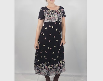 90s Vintage Empire Waist Dress Black Floral Tie-Back Cottagecore Grunge Maxi