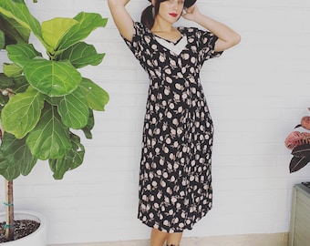 90s Vintage Midi Dress Boho Floral Sundress