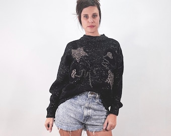 Vintage 80s Metallic Knit Sweater Silver Gold Sparkle Acrylic Jumper Oversize Plus Size