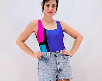Vintage 80s Swimsuit Purple Pink Colorblock Scoop-Neck One-Piece Bathing Suit