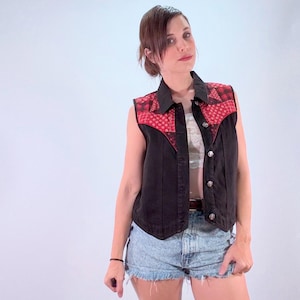 Carole Little Vintage 90s Black Denim Western Vest | Red Bandana Patchwork Pattern Sleeveless Cowgirl Americana Top