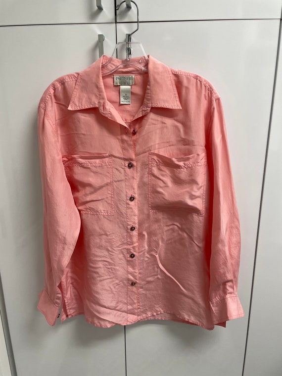 Vintage 90s Pastel Pink Blouse Button Up Silk But… - image 4