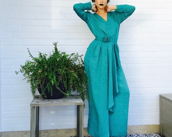 80s Prom Dress / Vintage Prom Dress / Maxi Wrap Dress / Green Dress