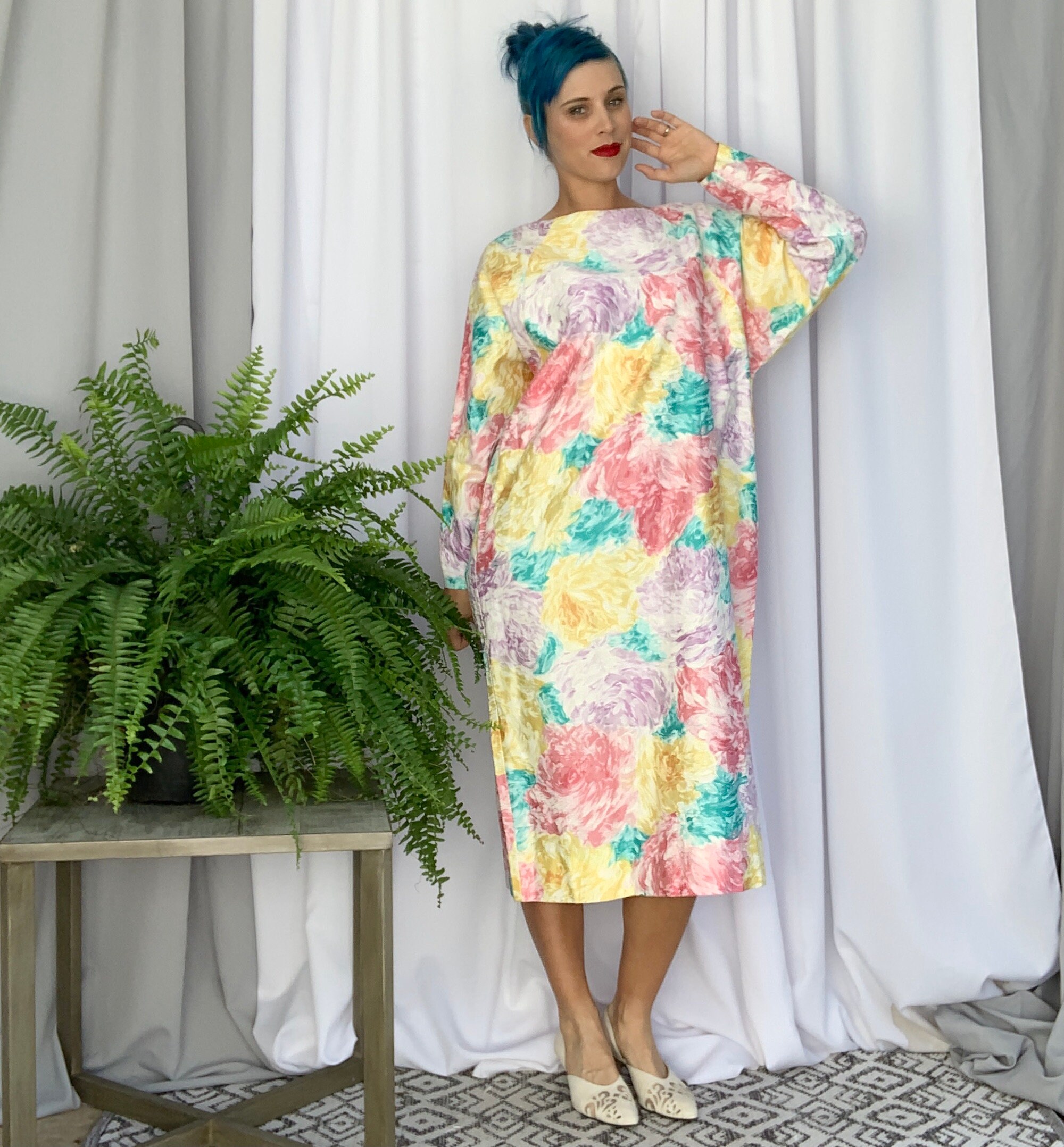 Vintage 80s Floral Pastel Midi House Dress | Dolman Sleeve Cotton