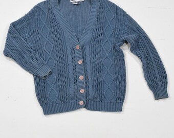 Vintage 80s 90s Sweater Blue Chunky Knit Cable Knit Button-up
