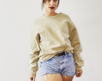 Vintage 90s Sweatshirt Beige Cotton Knit Oversized Crewneck