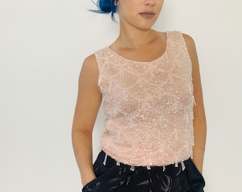 Camicetta con paillettes con perline rosa pastello vintage anni '50