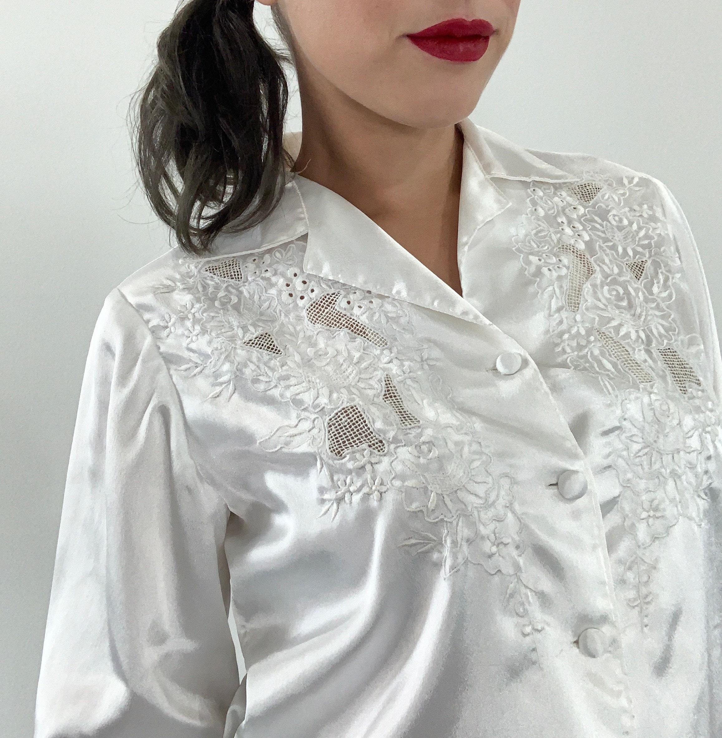 Vintage 80s Satin Blouse Embroidered White Top - Etsy