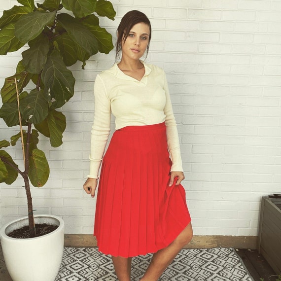 Vintage 70s High Waisted Skirt Red Wool Pleated P… - image 1