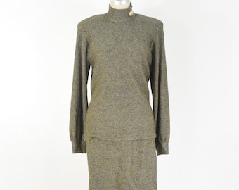 St John Vintage 80s Skirt Suit Olive Green Wool Knit Mock-Neck Sweater + Pencil Skirt