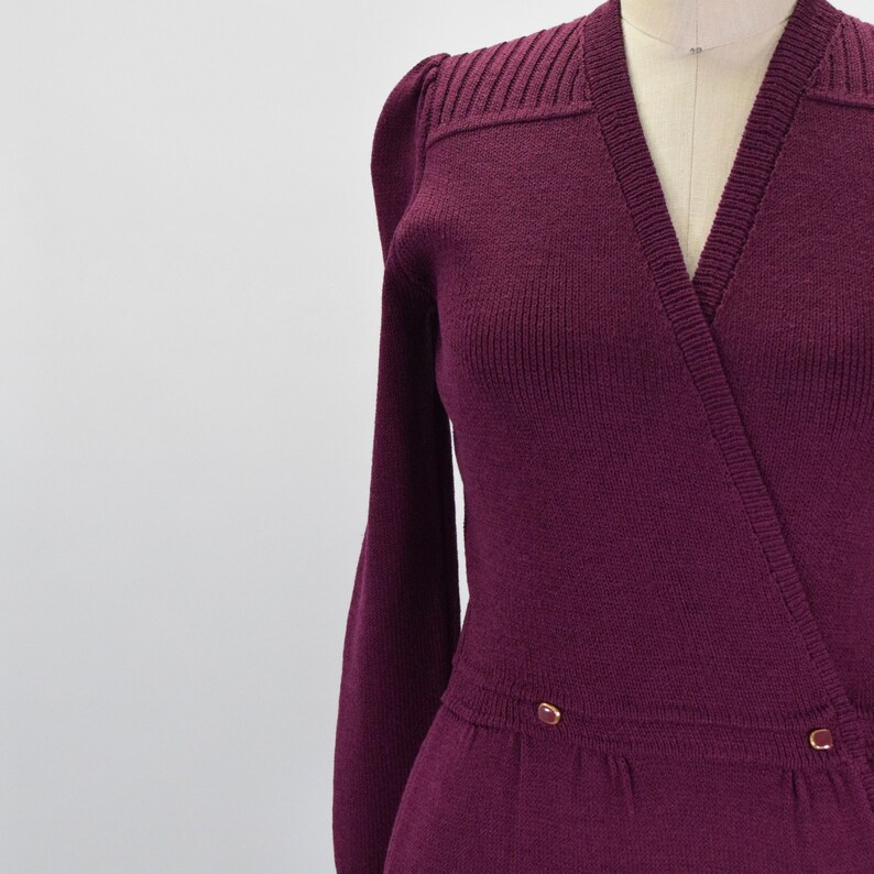 St John Vintage 70s Sweater Dress Magenta Wool Knit Long Sleeve Wrap image 6