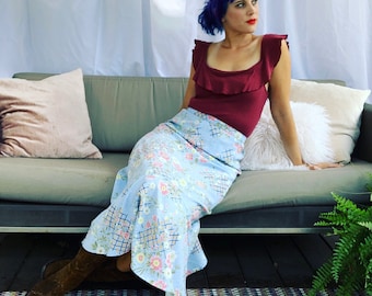 Pastel Floral 90s Vintage Midi Skirt, High Waisted Trumpet Skirt, Fairycore Boho Prairie Style