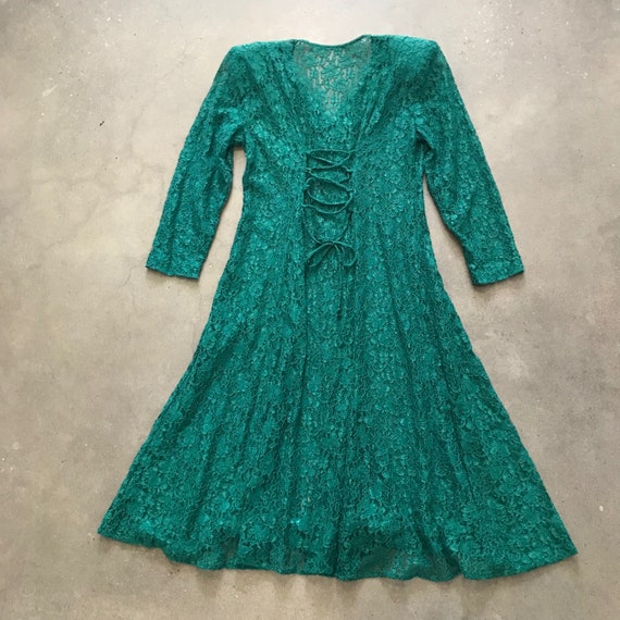 90s Jade Green Lace Dress: Sheer Skater Style, Xs/S