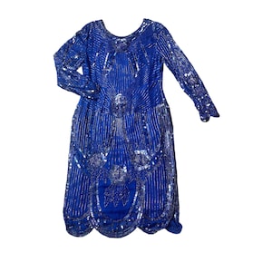 80s Vintage Beaded Sequin Silk Sheath Dress Long Sleeve Royal Blue Chiffon
