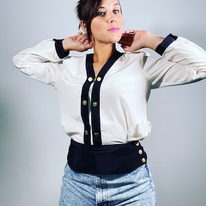 Vintage 80s 90s Chiffon Blouse Silky White Nautical Top