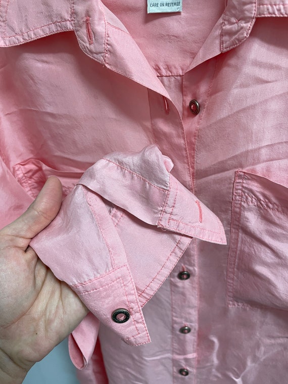 Vintage 90s Pastel Pink Blouse Button Up Silk But… - image 6