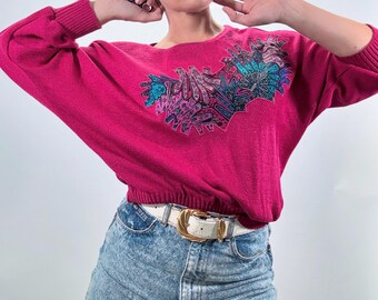 Vintage 80s Sweater Bright Pink Colorful Applique Dolman Sleeve Boat Neck