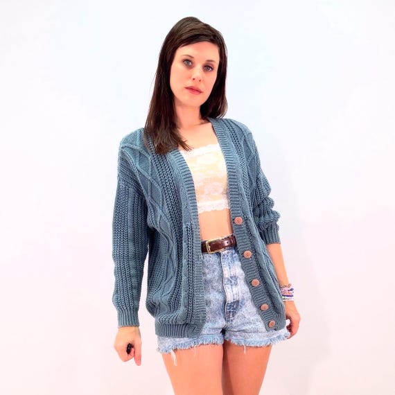 Vintage 80s 90s Sweater Blue Chunky Knit Cable Knit Button-up 