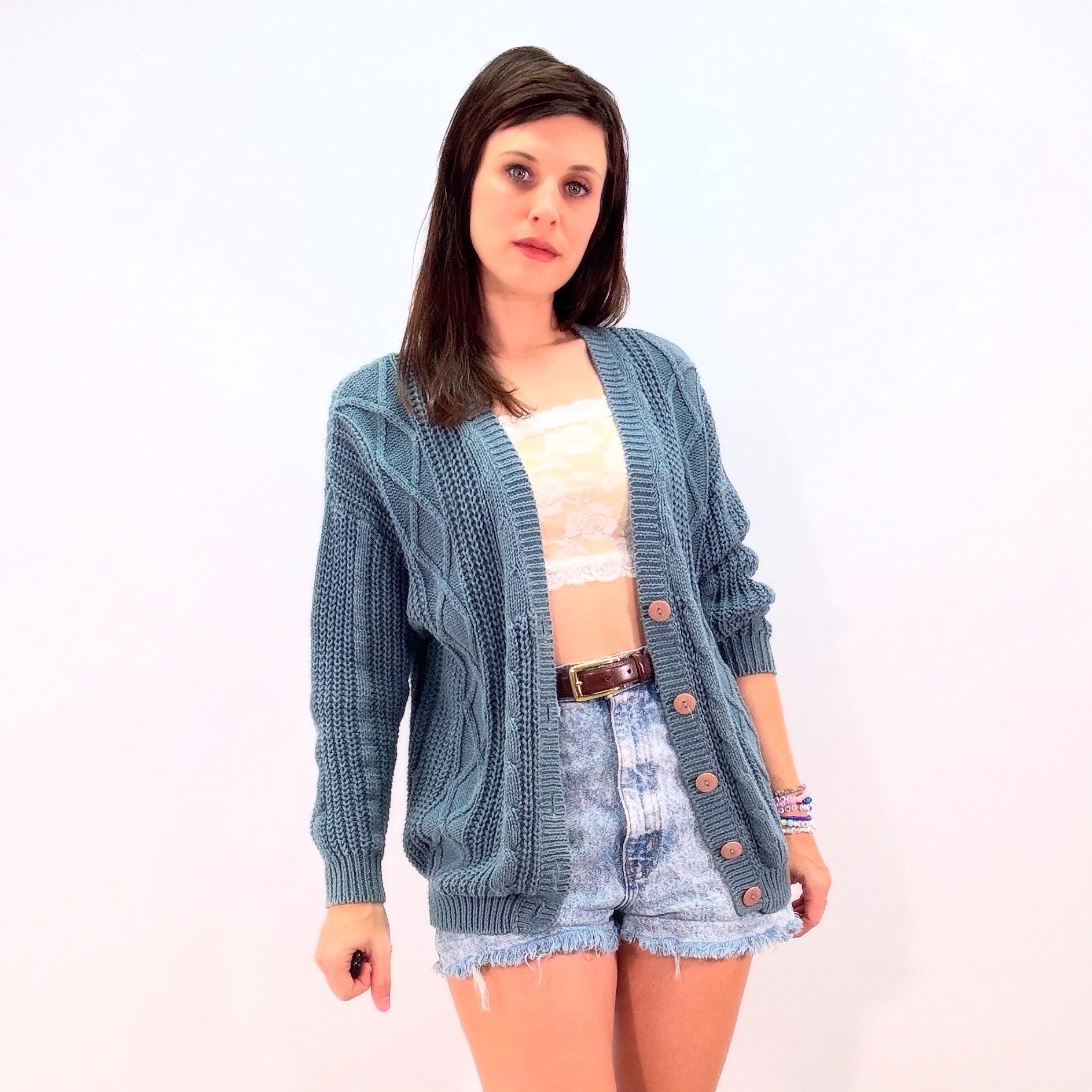 Vintage 80s 90s Sweater Blue Chunky Knit Cable Knit Button-up