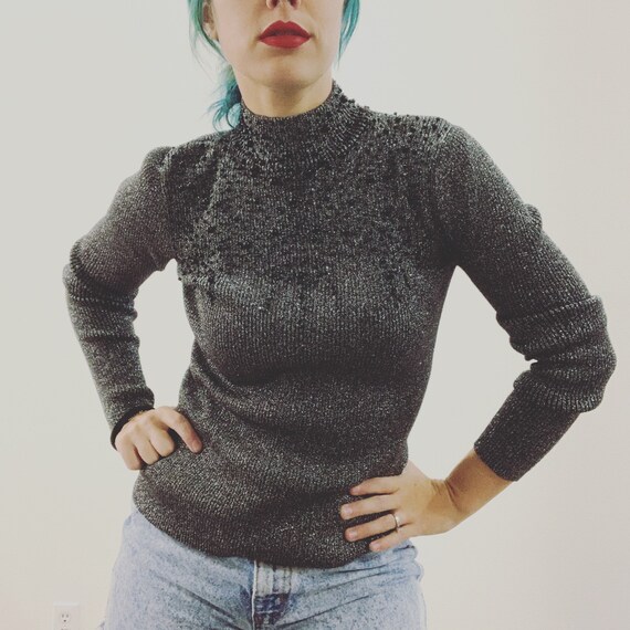 Vintage 90s Sweater Beaded Metallic Silver Ribbed