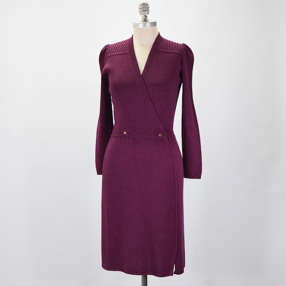 St John Vintage 70s Sweater Dress Magenta Wool Kn… - image 1