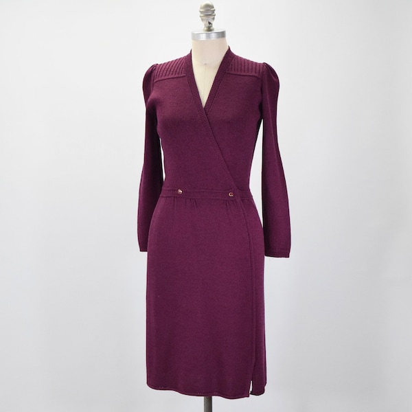 St John Vintage 70s Sweater Dress Magenta Wool Knit Long Sleeve Wrap