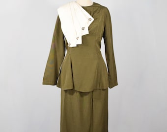 80s Skirt Suit Olive Green Peplum Blouse + Matching Midi Skirt