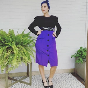 Vintage 80s Dress Purple Colorblock Long Sleeve Shoulder Pad Midi Sheath