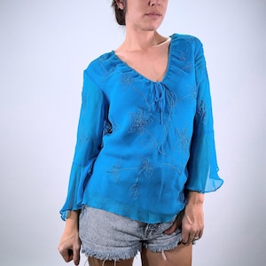 90s Y2K Vintage Blouse Bright Blue Sheer Silk Chiffon Embroidered Flutter Sleeve Fairycore