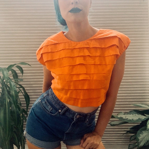 1980's Vintage Crop Top Orange Pleated Cotton Blou