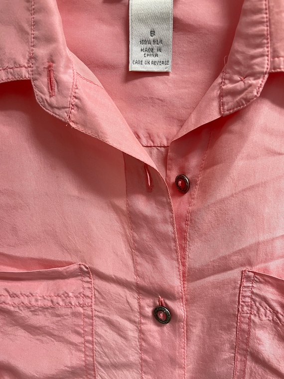 Vintage 90s Pastel Pink Blouse Button Up Silk But… - image 7