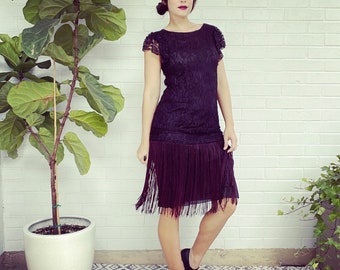 Vintage 60s 70s Dress Black Lace Drop-Waist Fringe 20s-Style Flapper