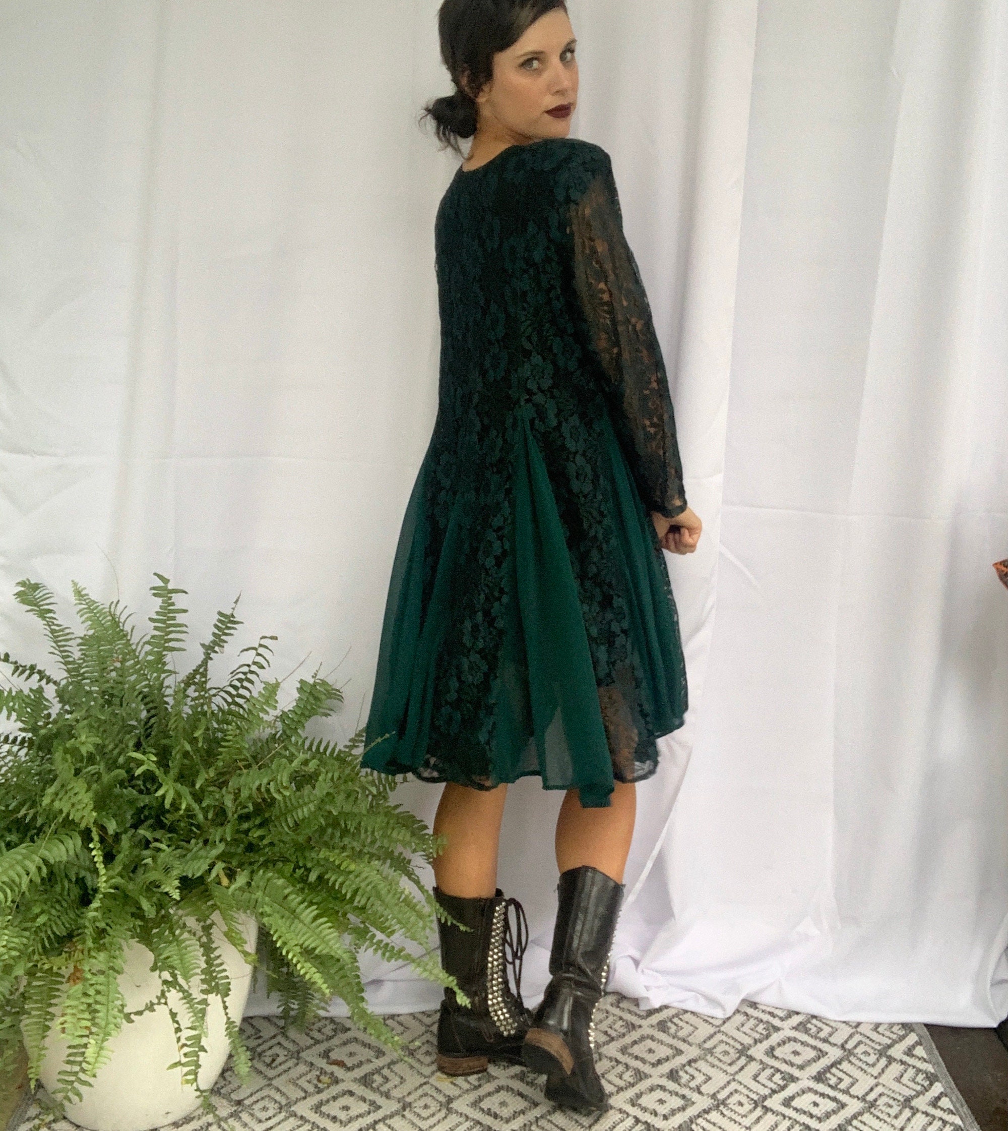 90s Vintage Sheer Lace Green Victorian Romantic Dress
