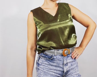 Vintage 90s Shiny Green Blouse Button-Back Tank Top